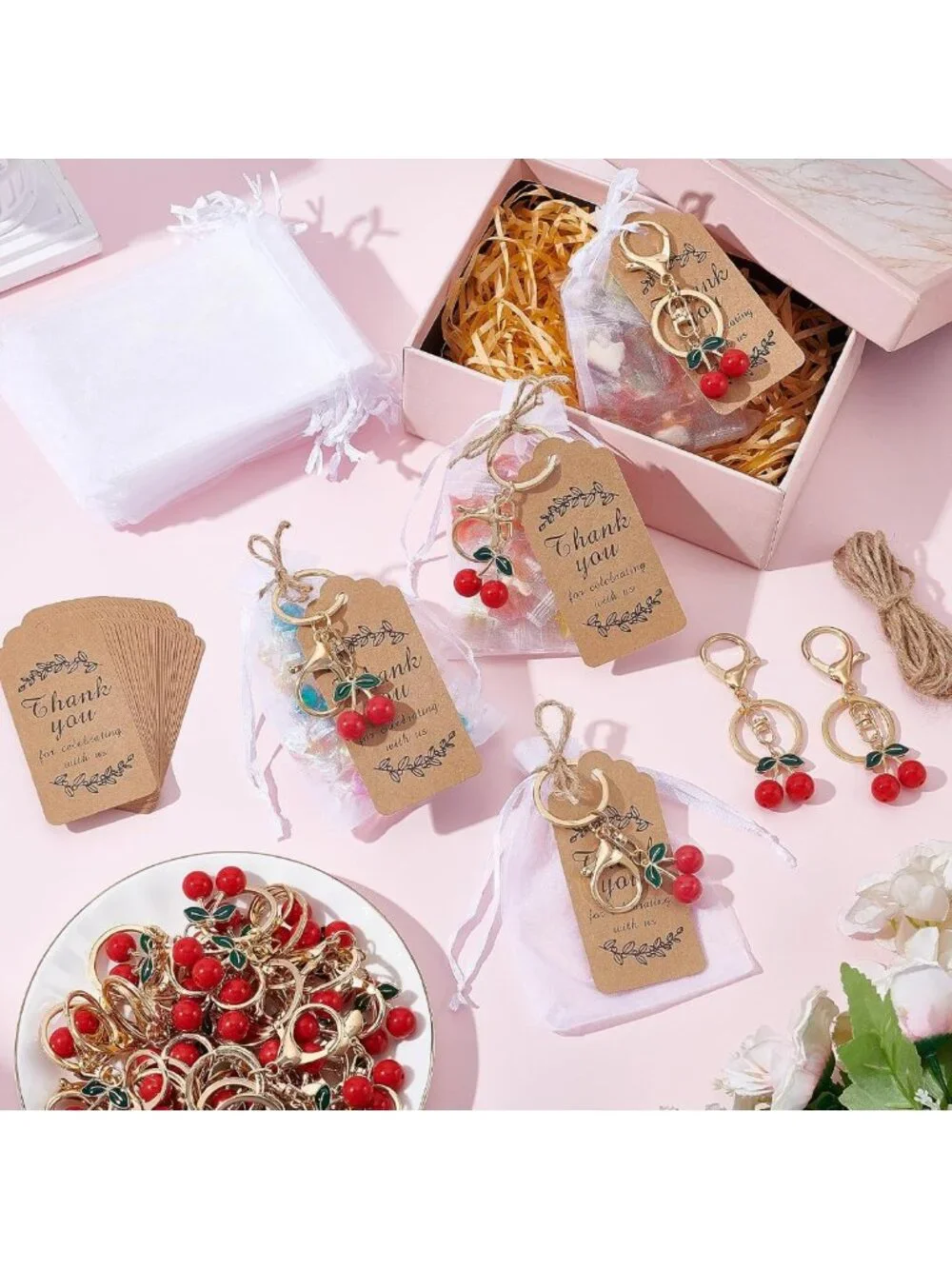 30 Red Cherry Keychains Bulk Party Favors with Organza Bags & Thank You Tags